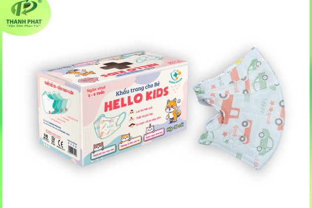 Khẩu Trang Em Bé Hello Kids 3D (Họa Tiết Ô Tô - 50 Cái/Hộp )